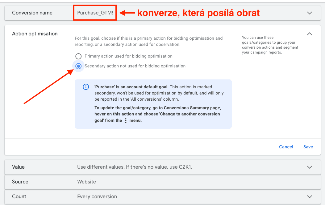 Profitlink - Nastavení Obratové konverze na sekundární cíl