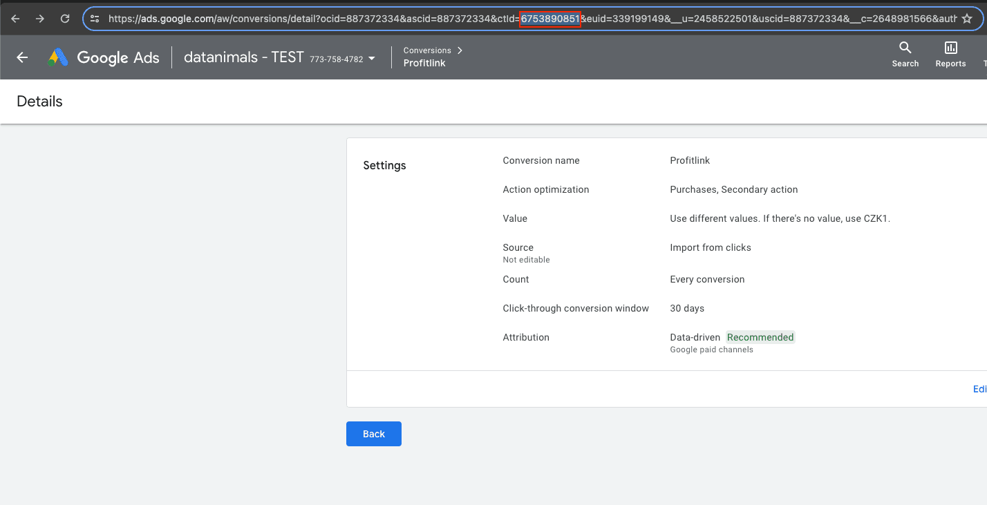 Profitlink Google Ads ID konverze